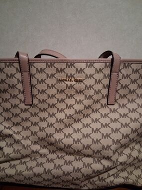 Michael Kors Beige Logo LARGE Tote Bag with Pink Trim